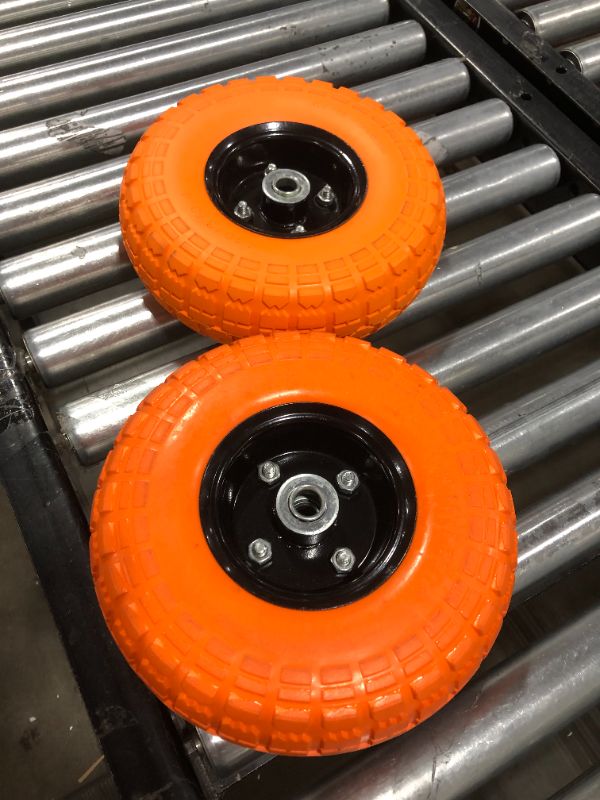 Photo 1 of 10" Flat Free Tires Solid Rubber Tyre Wheels?4.10/3.5-4 Air Less Tires Wheels with 5/8" Center Bearings?for Hand Truck/Trolley/Garden Utility Wagon Cart/Lawn Mower/Wheelbarrow/Generator?2 Pack, Orange
