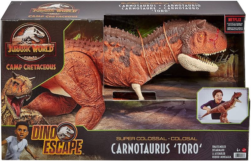 Photo 1 of Jurassic World Colossal Carnotaurus Toro Dinosaur Action Figure Camp Cretaceous with Stomach-Release Feature, 36-in Long, Realistic Sculpting, Kid Gift Age 4 Years & Up
