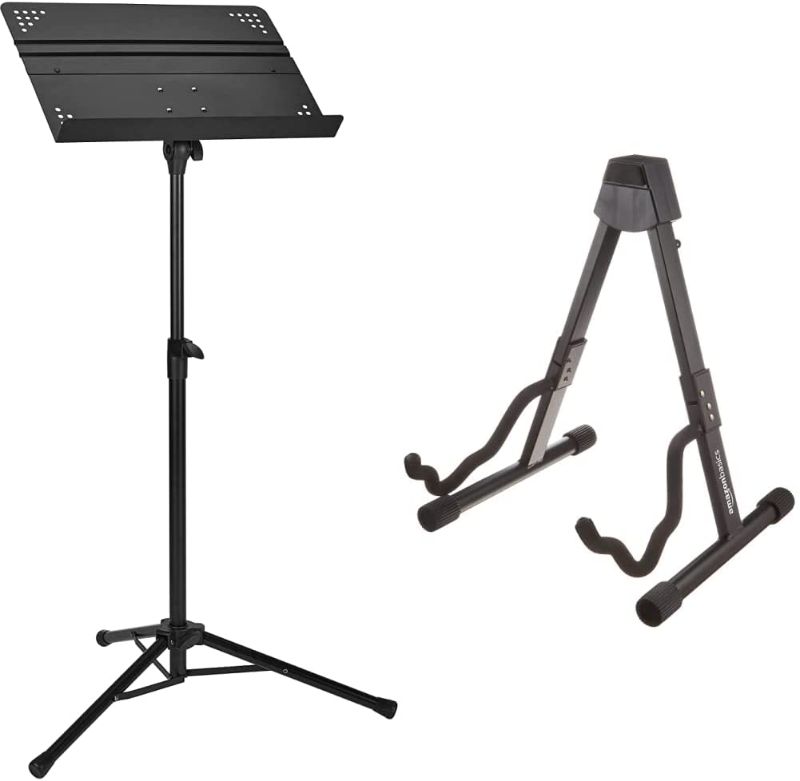 Photo 1 of Amazon Basics Professional Folding Orchestra Sheet Music Stand & Guitar Folding A-Frame Stand for Acoustic and Electric Guitars