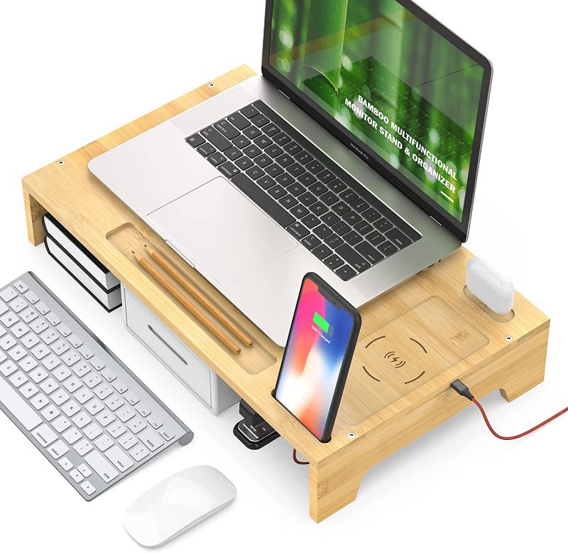 Photo 1 of 6-in-1 Wireless Charger Computer Monitor Stand Riser - ForTidy Rustic Bamboo Handmade Desk Organizer Home & Office Shelf Desktop Storage with Phone Charge Station, Stationery Container 19.5" ?NO CORD?
