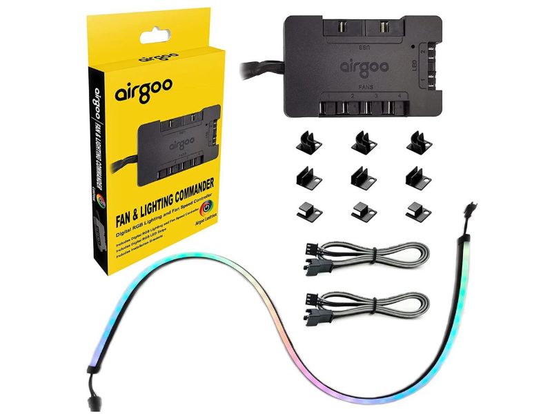 Photo 1 of airgoo Lustrous Commander Smart RGB Lighting and Fan Speed Controller, 4 Channels DC or PWM Fan hub, 2 Digital RGB LED Channels, Includes one 31.5 inches neon Individually addressable RGB led Strip