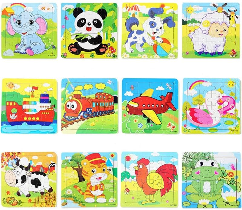 Photo 1 of DDTOP 16 Piece Wooden Square Toddler Toy Block Frog Elephant Panda Puppy Little Lamb Ship Train Plane Goose Cow Tiger Cock Education Learning Jigsaw Puzzle
