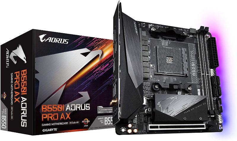 Photo 1 of GIGABYTE B550I AORUS PRO AX (AM4 AMD/B550/Mini-Itx/Dual M.2/SATA 6Gb/s/USB 3.2 Gen 1/WiFi 6/2.5 GbE LAN/PCIe4.0/Realtek ALC1220-Vb/DisplayPort 1.4/2xHDMI 2.0B/RGB Fusion 2.0/DDR4/Gaming Motherboard)
