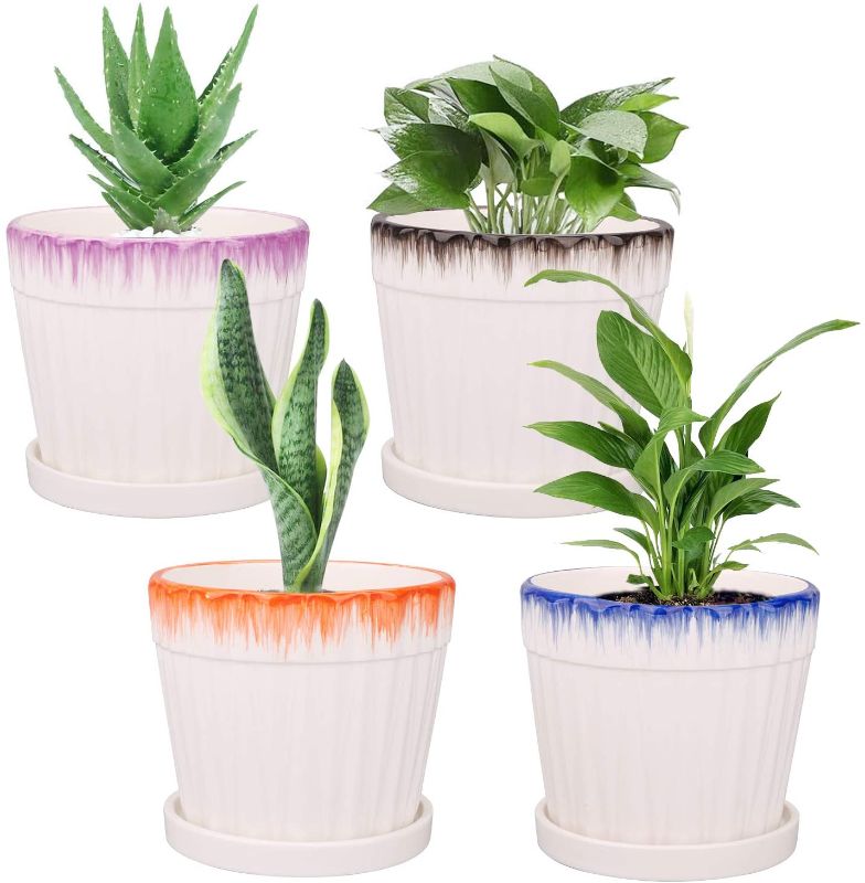 Photo 1 of Flower Pots, Ufrount Ceramic Planter Pot with Drainage Holes, Succulent Planter Pots Planting Pot Flower Pots for Mini Plant Perfect for Garden, Kitchen, Windowsill - Set of 4 (5.5 Inches)