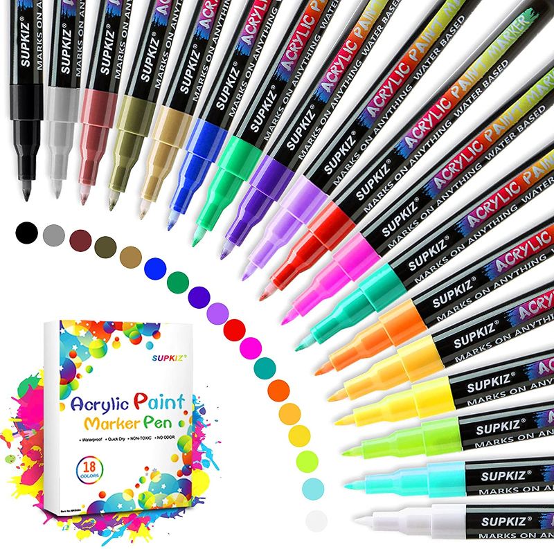 Photo 1 of Acrylic Paint Markers Pens Set with 18 Colors Acrylic Paint Pens for Rocks Painting, Fabric, Wood, Canvas, Ceramic, Scrapbooking Supplies, DIY Crafts Making Art Supplies,Quick-Dry Paint Pens