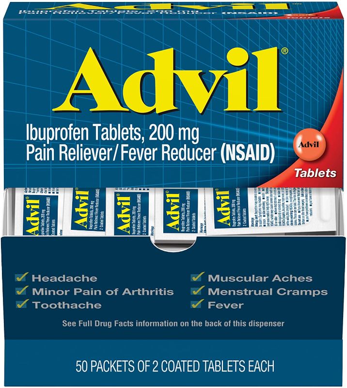 Photo 1 of Advil Pain Reliever and Fever Reducer, Pain Relief Medicine with Ibuprofen 200mg for Headache, Backache, Menstrual Pain and Joint Pain Relief - 100 Coated Tablets