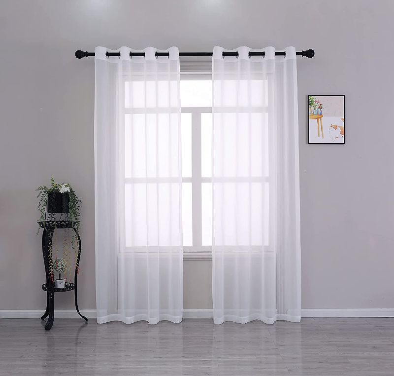 Photo 1 of Jintex White Sheer Curtains for Living Room, Light Filtering Grommet Top Voile Window Curtains for Bedroom, 52 x 84 inches Long, Set of 2 Panels