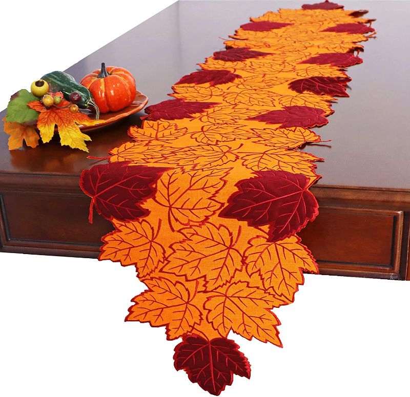 Photo 1 of CloudSunDeco Thanksgiving Table Runners Holiday Leaf Runners for Halloween,Party,Fall/Autumn Harvest Home Decoration,Cutouts Applique Embroidered Maple Leaves Runners,Runner 14"×68"-1PC, Orange