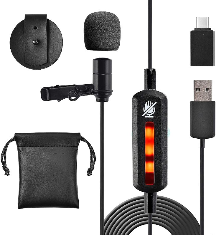 Photo 1 of Pyle Lavalier Microphone-w/USB C Adapter, Cable Wrap-Plug and Play Omnidirectional Copper Compact Clip On Lapel Mic for Laptop PC Mac Smartphone Podcast Online Class, Standard, 1 (PDMIUSBLP14)
