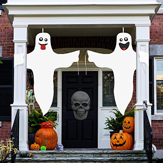 Photo 1 of Aitok Halloween Ghost Hanging Decoration, 2 Pieces 47 Inch Ghost Windsock, White Smiling Friendly Ghost for Outdoor Yard Decoration
