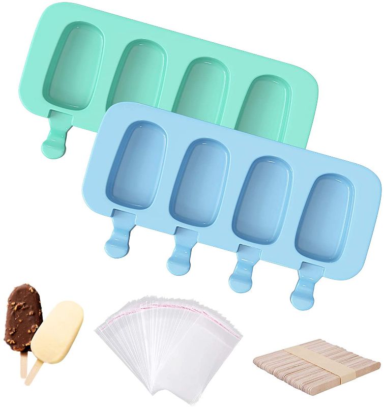 Photo 1 of Acerich Popsicle Molds, Set of 2 Silicone Ice Cake Pop Molds 4 Cavities Homemade Silicone Popsicle Molds Oval with 50 Wooden Sticks and 50 Self-Adhesive Bags for DIY Cake and Ice Cream - Green + Blue
