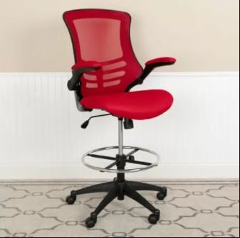 Photo 1 of Flash Furniture Mid Back Mesh Ergonomic Drafting Chair with Adjustable Foot Ring and Flip Up Arms - Red
