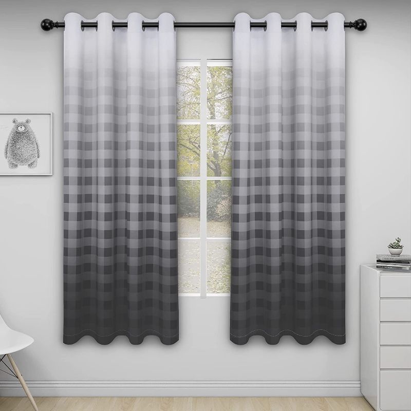 Photo 1 of Easy-Going Premium Blackout Curtains, Gradient Checkered Printed Sun Light Blocking Curtain Drapes for Bedroom, Noise Reduction Thermal Insulated Grommet Curtain, 2 Panels, 52x72 in, Gray