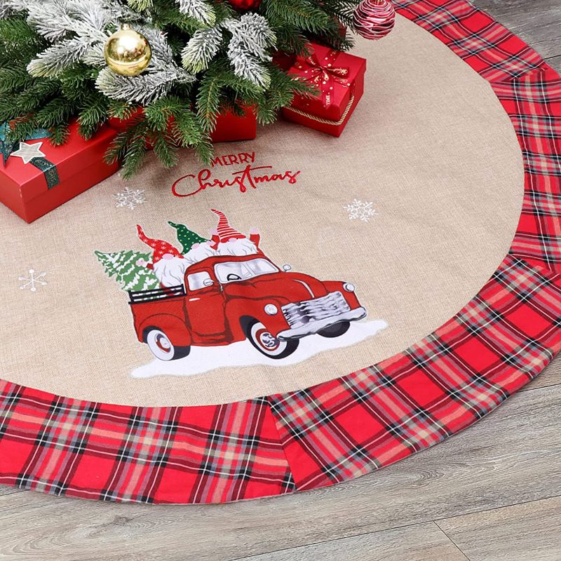 Photo 1 of 48 Inch Burlap Christmas Tree Skirt Buffalo Plaid Border, Tree Skirt with Vintage Red Truck Santa Gnomes Christmas Tree Decoration