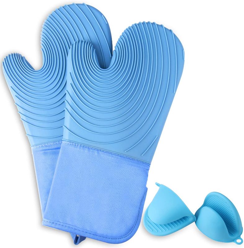 Photo 1 of BUODREPE Professional Silicone Oven Mitts?4 Pcs Oven Mitt Set?Oven Mitts Heat Resistant 500? for Kitchen Cooking?Pot Holders?Oven Gloves with Soft Quilted Cotton Lining?Non-Slip Textured Grip?Blue