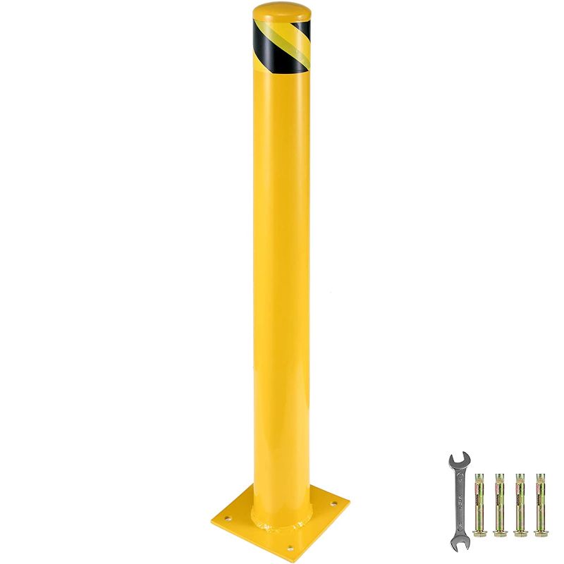 Photo 1 of BestEquip Safety Bollard 48-4.5 Safety Barrier Bollard 4-1/2" OD 48" Height Yellow Powder Coat Pipe Steel Safety Barrier with 4 Free Anchor Bolts for Traffic-Sensitive Area