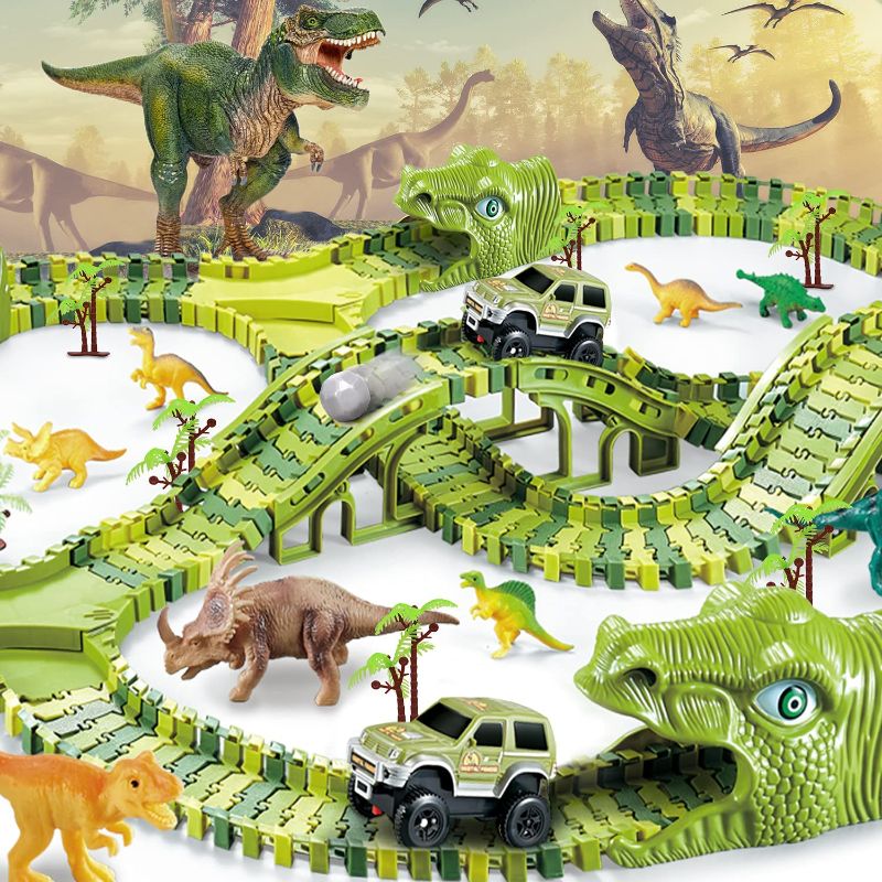 Photo 1 of Etto Dinosaur Toys with 240 Flexible Tracks, 2 Toy Cars, 10 Dinosaurs, 4 Ramps, Dinosaur Toys Race Track Playset for 3 4 5 6 7 8 9 Year Old Boys and Girls
