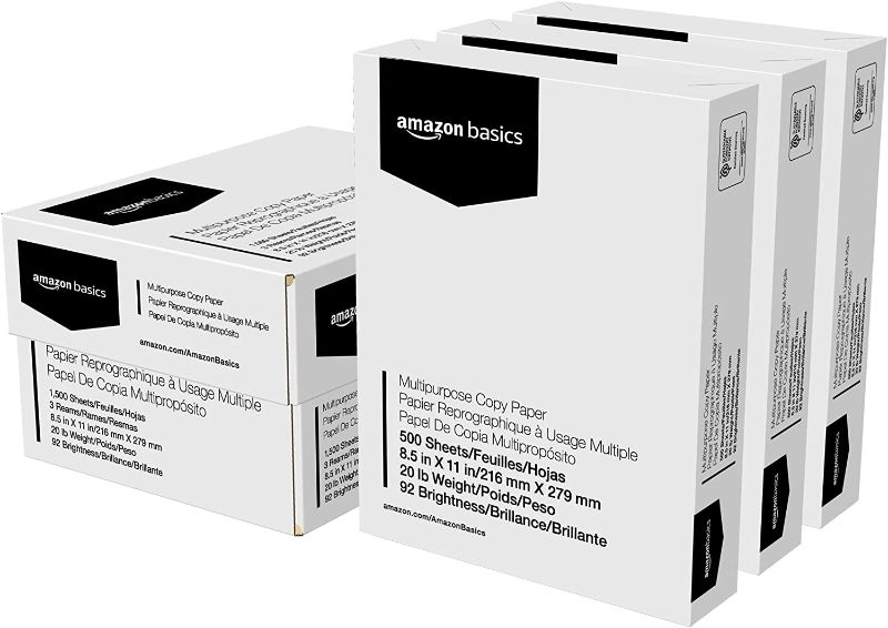 Photo 1 of Amazon Basics Multipurpose Copy Printer Paper - White, 8.5 x 11 Inches, 3 Ream Case (1,500 Sheets)
