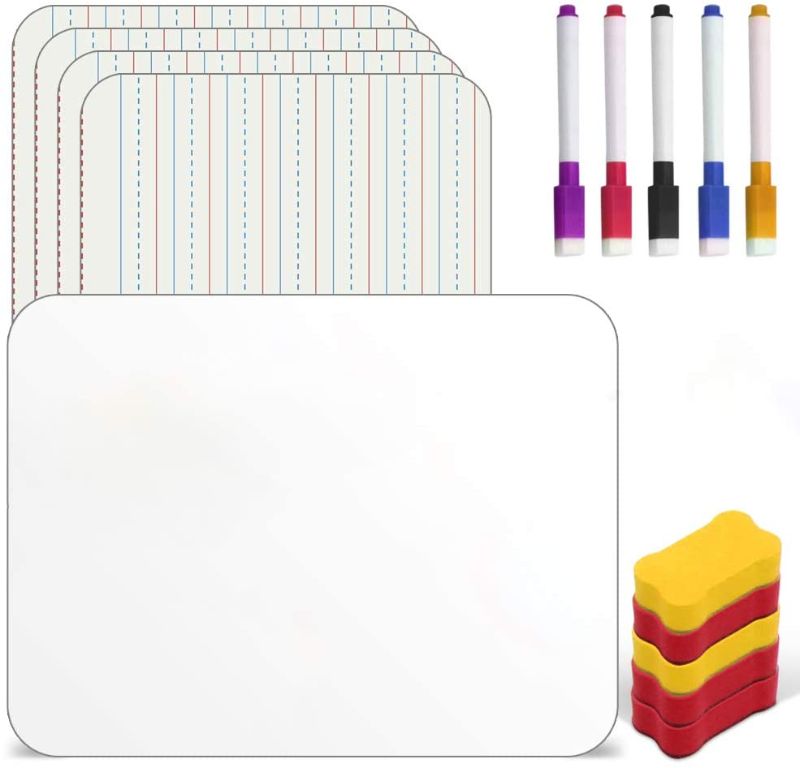 Photo 1 of Dry Erase Board for Kids Learning Homberry Small White Board Set of 5 A4 Size Double Sided Dry Erase Board Lined White Lap Board for Students with 5 Markers & Erases
