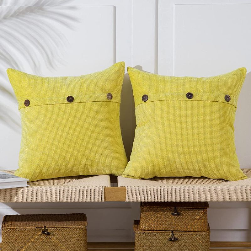 Photo 1 of Anickal Yellow Pillow Covers 16x16 Inch with Triple Buttons Set of 2 Chenille Rustic Farmhouse Decorative Throw Pillow Covers Square Cushion Case for Home Sofa Couch Decoration