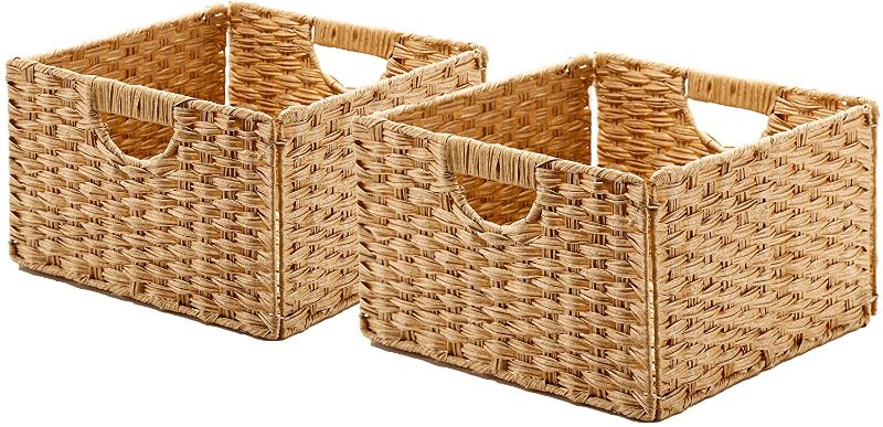 Photo 1 of  2-Pack Foldable Handwoven Cube Storage Basket Bin, Rectangular, Light Amber, 4 Count