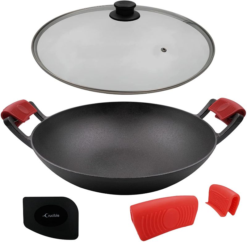 Photo 1 of 14-Inch Cast Iron Wok Set (Pre-Seasoned), Glass Lid & Silicone Hot Handle Holders
