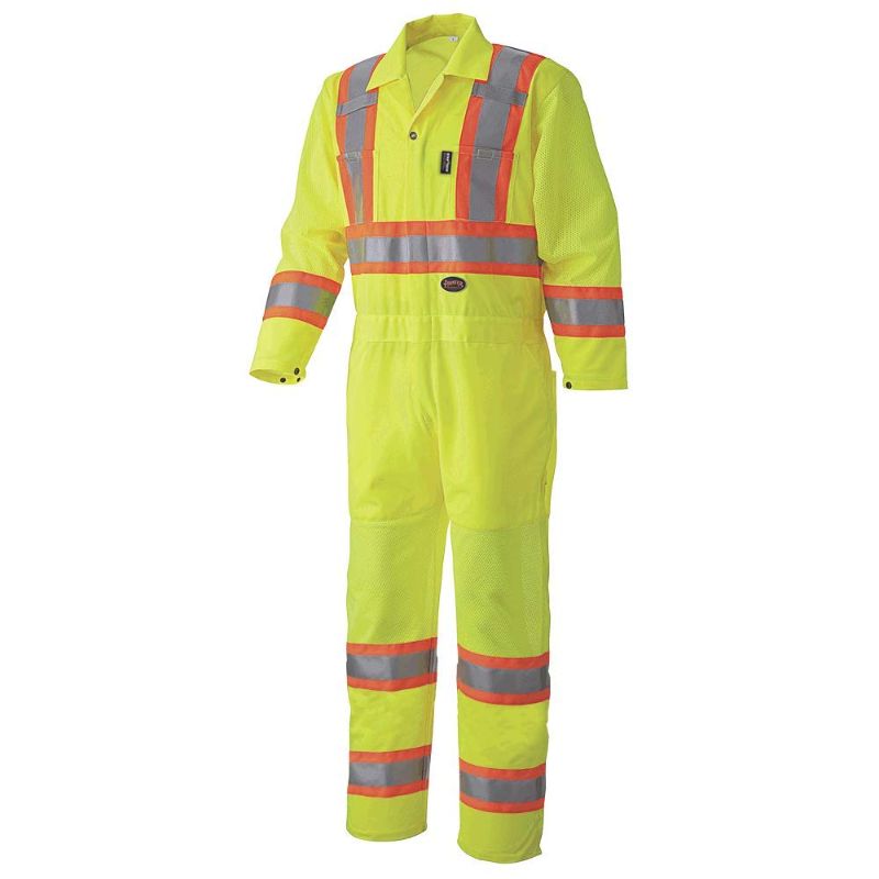 Photo 1 of Pioneer High Visibility Polyester Knit Traffic Safety Coverall with Mesh Ventilation Panels, Reflective Tape, Leg Zippers, Yellow/Green, Unisex, XS, V1070160U-3xl
