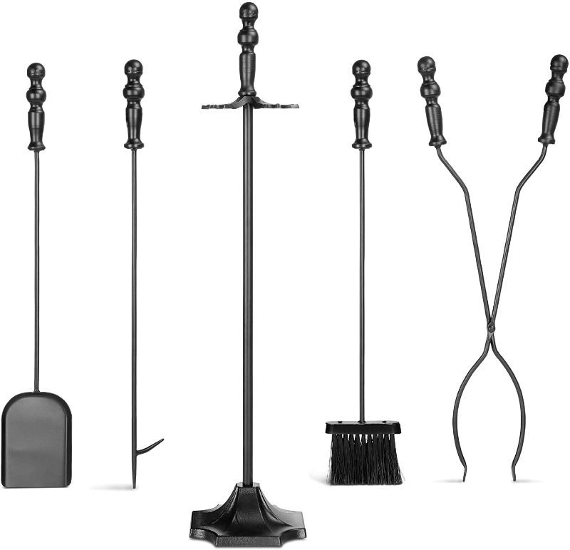 Photo 1 of Best Choice Products 5-Piece Rustic Indoor Outdoor Fireplace Hearth Wrought Iron Fire Wood Tool Set w/Tongs, Poker, Broom, Shovel, Stand - Black
