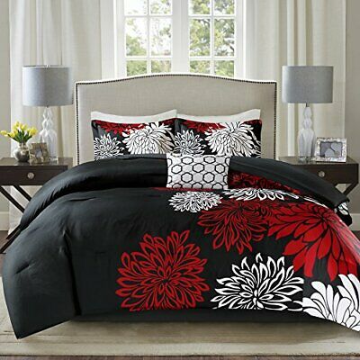 Photo 1 of Comfort Spaces Enya Comforter Set-Modern Floral Design All Season Down Alternative Bedding, Matching Shams, Bedskirt, Decorative Pillows, King(104"x90"), Red/Black...KING...
