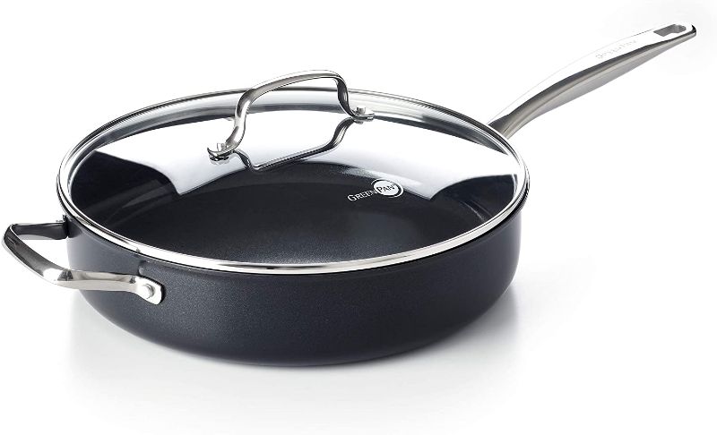 Photo 1 of GreenPan Prime Midnight Hard Anodized Healthy Ceramic Nonstick Black Saute Pan with Lid, 5QT
