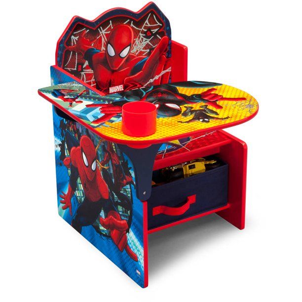 Photo 1 of Spider-Man Marvel Chair Desk with Storage Bin, bolt scattered throughout box, and fabric box has hole punctures 