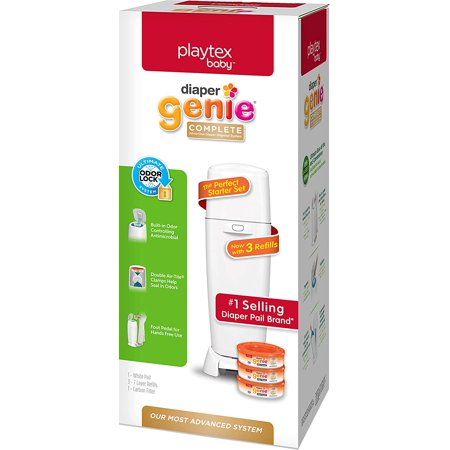 Photo 1 of Playtex Diaper Genie Complete Diaper Pail, with Built-in Odor Controlling Antimicrobial, Includes 1 Pail and 3 Max Fresh Refills, White, White Pail