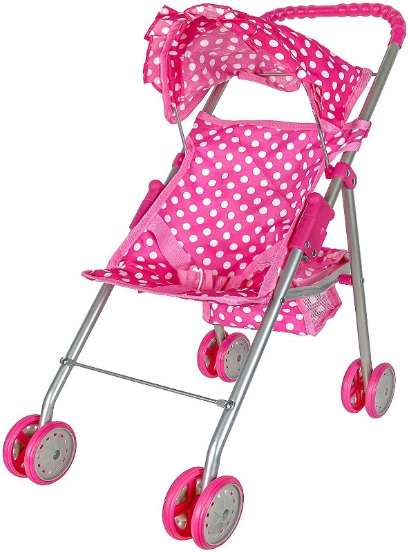 Photo 1 of Precious Toys Baby Doll Stroller, Doll Stroller for Toddlers and 2 Year Old Girls and Older, Pink & White Polka Dots, Foldable with Hood and Basket
