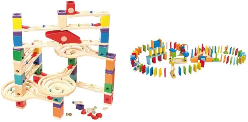 Photo 1 of Hape Quadrilla Wooden Marble Run Construction,Multicolor & Wooden Domino Set Award Winning Domino Racing Building Block Set for Kids, 107 Solid Pieces of Fun Filled Racing