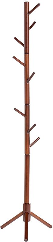 Photo 1 of C&AHOME Bamboo Coat Rack Stand with 8 Hooks, Wooden Coat Tree Adjustable Sizes, Entryway Hall Tree Free Standing Coat Hanger Stand for Hat, Bag, Clothes, Jacket, Brown
