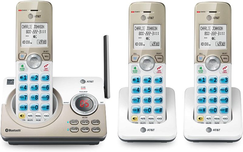 Photo 1 of AT&T DL72319 DECT 6.0 3-Handset Cordless Phone for Home with Connect to Cell, Call Blocking, 1.8" Backlit Screen, Big Buttons, intercom, and Unsurpassed Range
