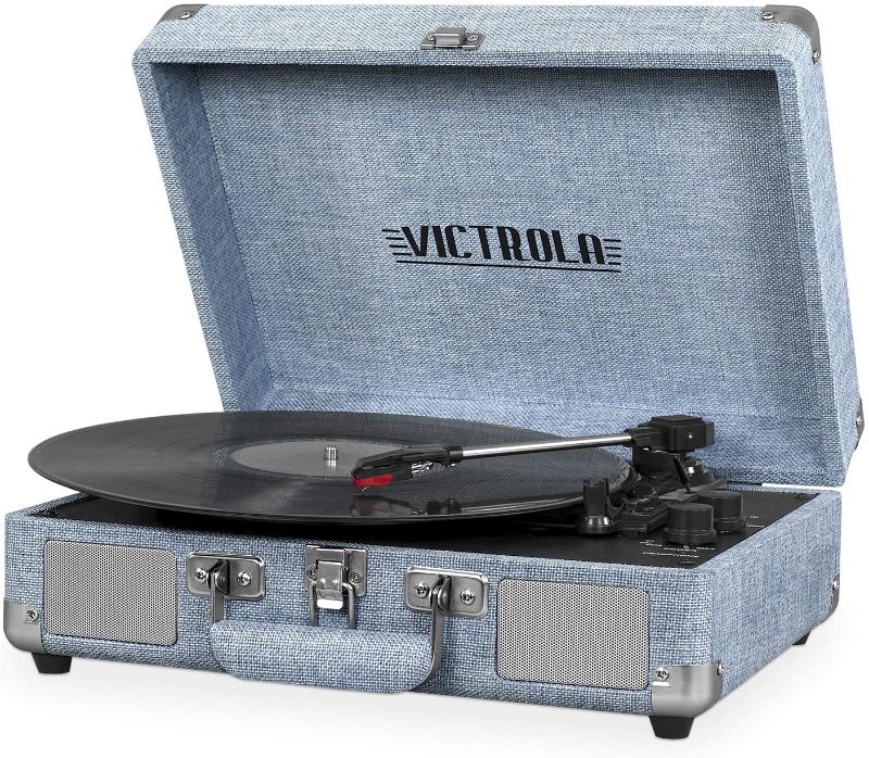 Photo 1 of Victrola Vintage 3-Speed Bluetooth Portable Suitcase Record Player with Built-in Speakers | Upgraded Turntable Audio Sound| Includes Extra Stylus | Light Denim Blue Linen
