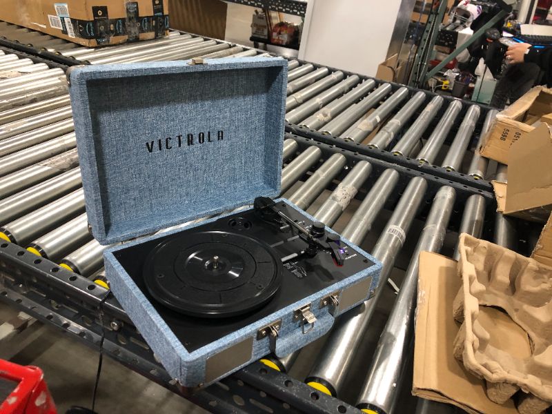 Photo 2 of Victrola Vintage 3-Speed Bluetooth Portable Suitcase Record Player with Built-in Speakers | Upgraded Turntable Audio Sound| Includes Extra Stylus | Light Denim Blue Linen
