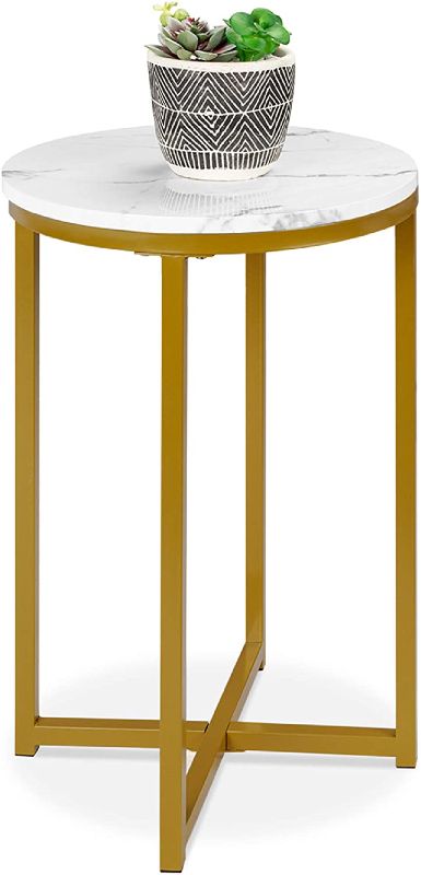 Photo 1 of Best Choice Products 16in Side Table, Faux Marble Round End Table, Modern Small Accent Home Decor for Living Room, Dining Room, Tea, Coffee w/Metal Frame, Foot Caps, Designer - White/Bronze Gold
