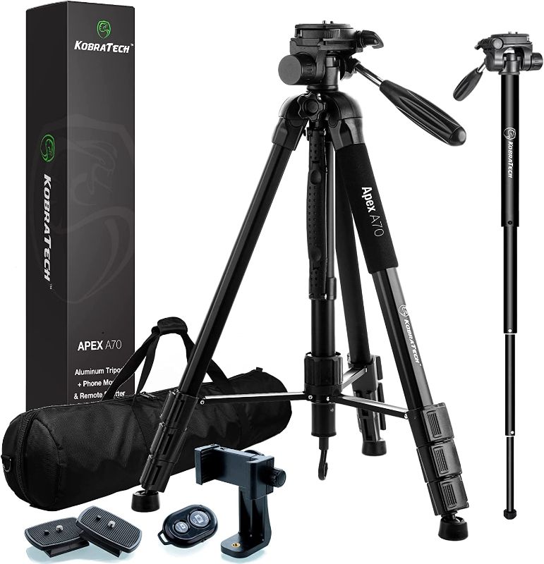 Photo 1 of KobraTech 70" Tripod for Camera and Phone - Apex A70 Camera Tripod – Phone Tripod Stand with Bluetooth Remote Shutter, Phone Tripod Mount & Monopod
