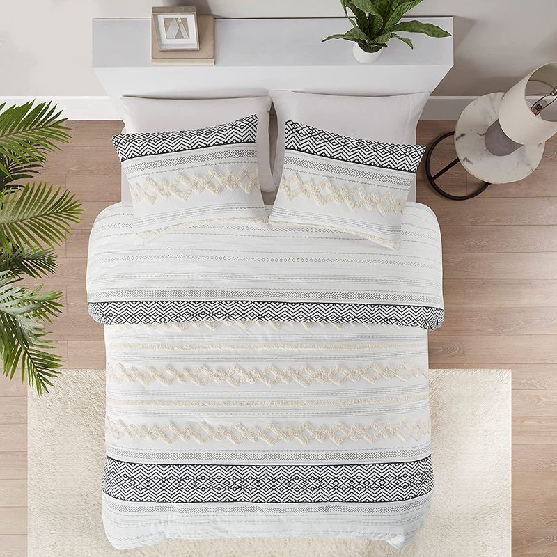 Photo 1 of Boho Bedding Comforter Sets, Ivory Full/Queen Farmhouse Bedding Set ,Cotton Top with Modern Neutral Style Clipped Jacquard Stripes, 3-Pieces Including Matching Pillow Shams (90x90 Inches)
