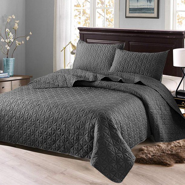 Photo 1 of Exclusivo Mezcla 3-Piece Queen Size Quilt Set with Pillow Shams, Grid Quilted Bedspread/Coverlet/Bed Cover(96x88 inches, Steel Grey) -Soft, Lightweight and Reversible
