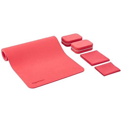 Photo 1 of Amazon Basics 1/4-Inch Thick TPE 6-Piece Yoga Set with Mat - Red
