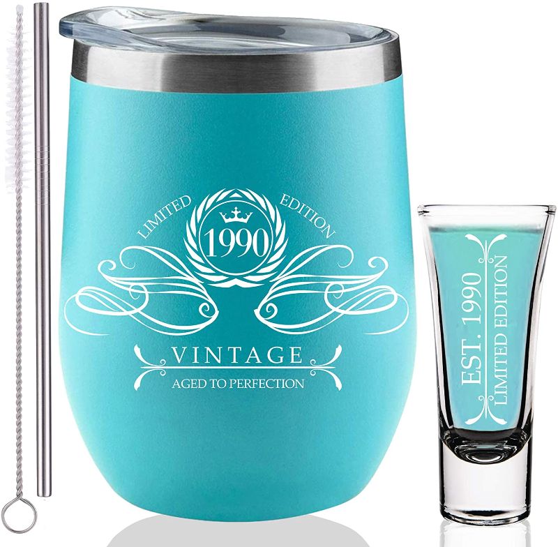 Photo 1 of 1990 32nd Birthday Gifts for Women & Him, 32nd Birthday Decorations for Her & Him, 31 Birthday Decorations Wine Tumbler 12 oz Stainless Steel (Aqua Blue)
