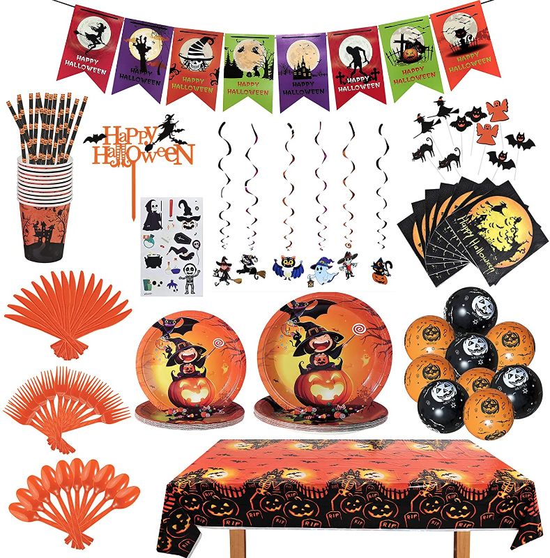 Photo 1 of 175Pcs Halloween Party Supplies Decorations Tableware Set Halloween Tablecloth 54" x 108" Pumpkin Witch Party Dinner Plates Napkins Cups Cake Insert Glow Stickers Hanging Swirl Balloons Banners
