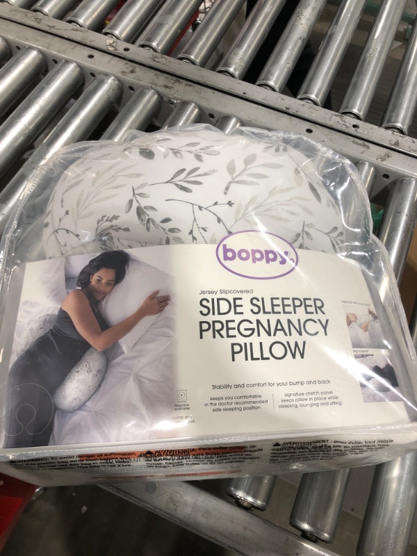 Photo 2 of Boppy Side Sleeper Pregnancy Pillow with Removable Jersey Pillow Cover | Gray Falling Leaves | Compact, Stay-Put Design | Prenatal and Postnatal Positioning
