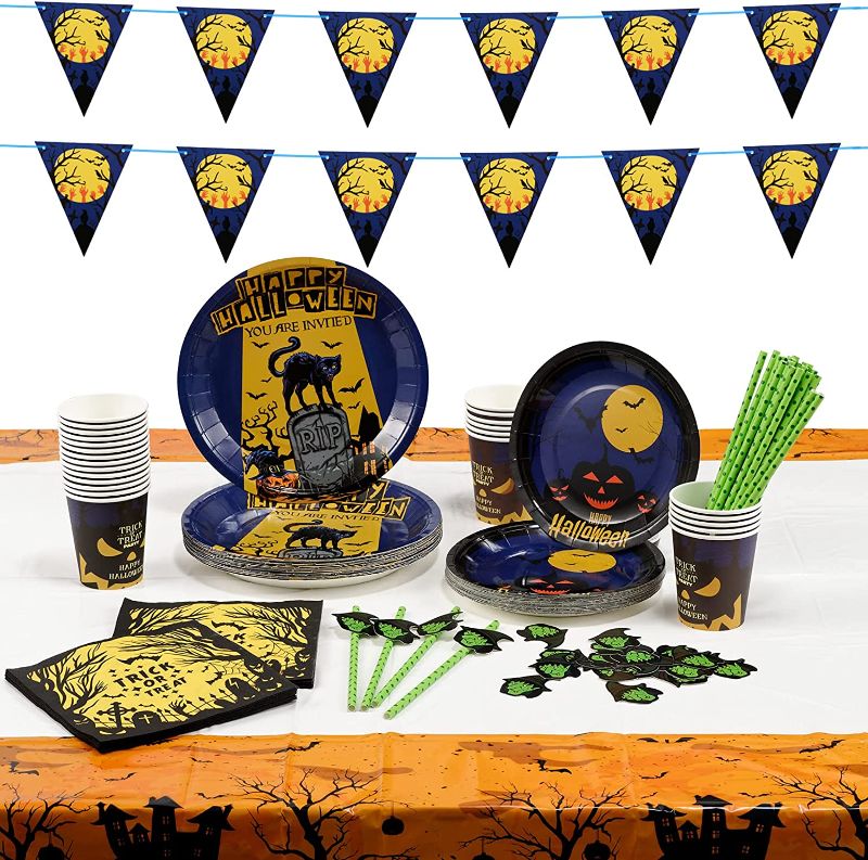 Photo 1 of XADP 127PCS Halloween Party Supplies Set for 25 People, Including Banner, Tablecloth, Plates, Cups, Napkins, Straws, Disposable Dinnerware Set for Halloween Themed Parties Halloween Decorations

