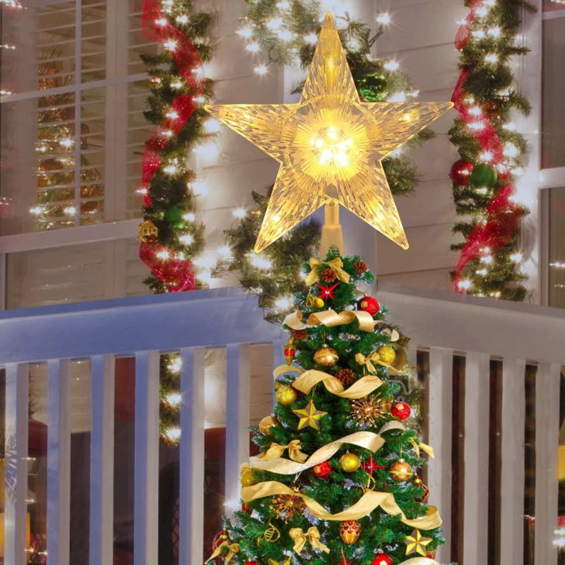 Photo 1 of MUMTOP Star Tree Topper Lighted - 8.3 inch Star Christmas Tree Toppers Lighted, Glittering Wireless Tree Star Topper Battery Operated Christmas Warm Lights with Timer
