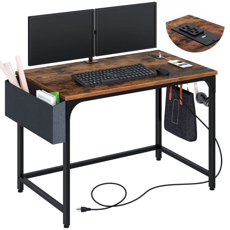 Photo 1 of Rolanstar Computer Desk with Power Outlet, Side Storage Bag and Iron Hooks 39 Inch
