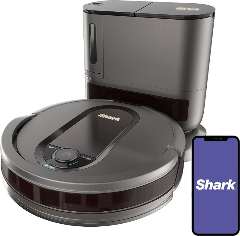 Photo 1 of Shark AV911S EZ Robot Vacuum with Self-Empty Base, Bagless, Row-by-Row Cleaning, Perfect for Pet Hair, Compatible with Alexa, Wi-Fi, Gray
